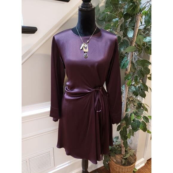 Banana Republic Sheath Dress Womens XS Purple Midi Satin Long Sleeve Tie Waist - Picture 2 of 15